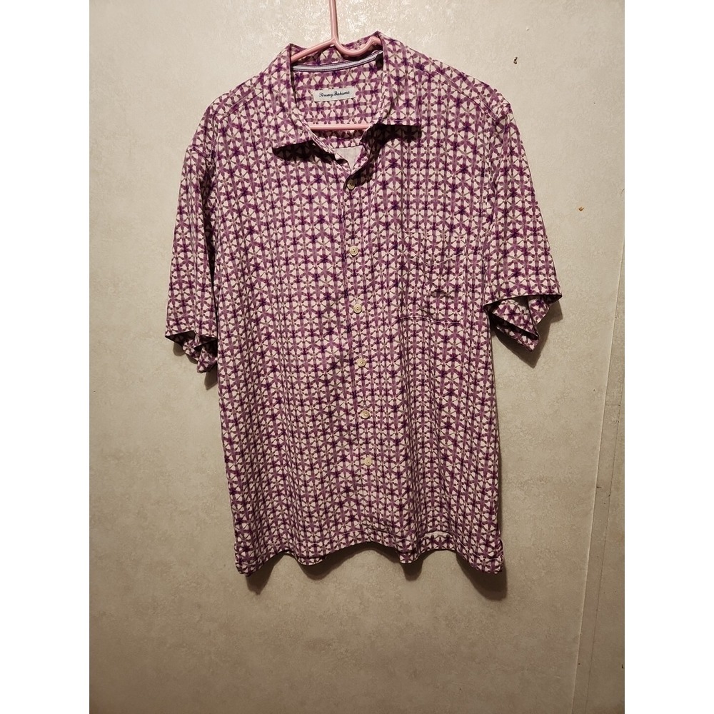 Tommy Bahama Short Sleeve Button Shirt Men's Large  100% Silk Geometric Camp